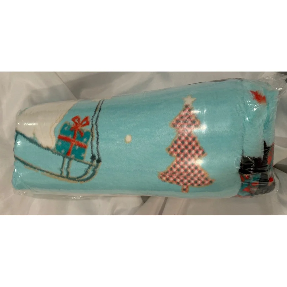 Korbliss Christmas Dog Fleece Throw Blanket Blue Holiday Sledding 60x80cm NEW